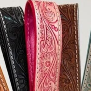 Hand Tooled Leather Wristlet Keychain Key Fob Chunky Pink